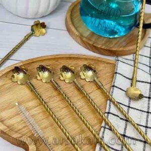 نی شربت خوری مار پیچ طلایی فرچه دار