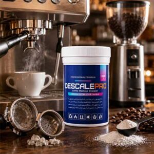 پودر جرم گیر اسپرسو ساز DescalePro مدل Coffee Machine Descaler وزن 200 گرم برای حذف رسوبات آهکی و روغن قهوه