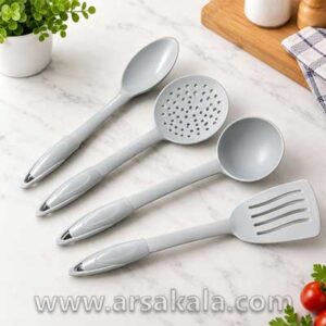 ست ۴ پارچه کفگیر و ملاقه آشپزخانه طوسی شامل قاشق، ملاقه و دو کفگیر